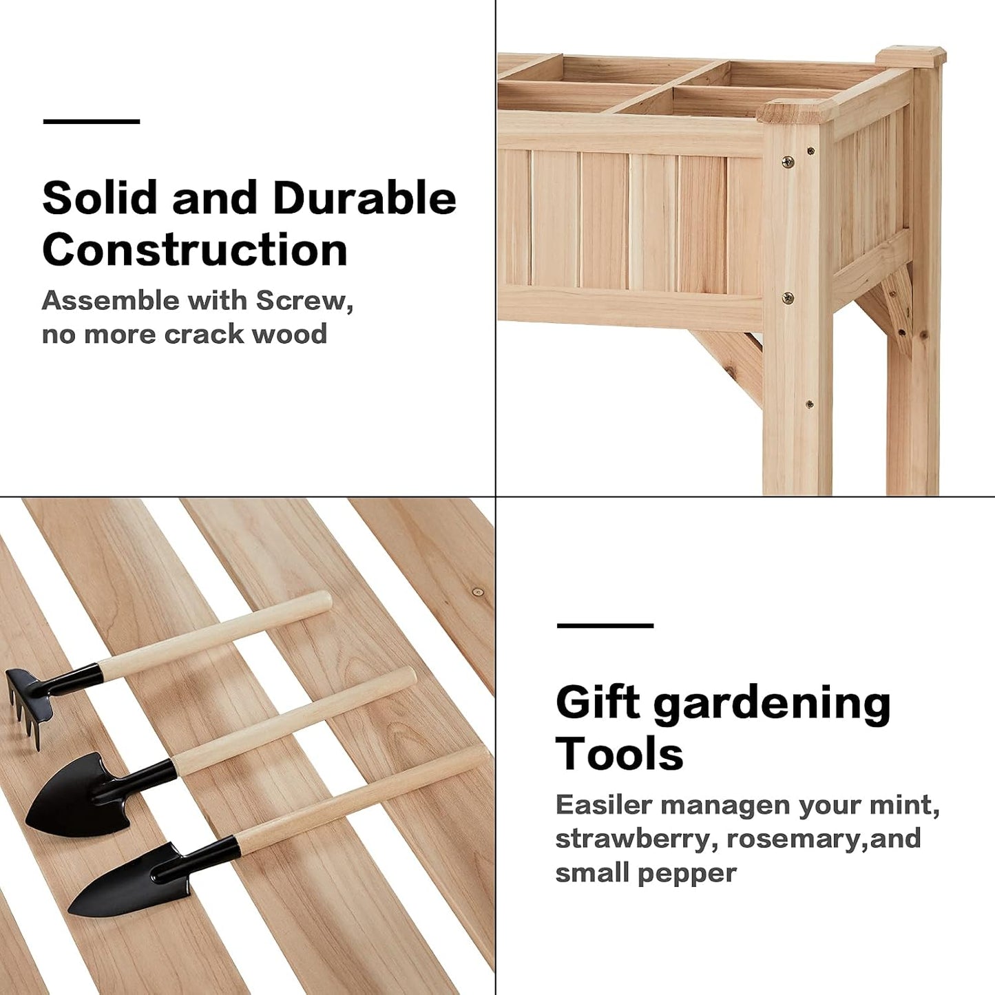 Raised Garden Bed with Legs 36.3X36.3X24 Inch -  Herb Planter with Divider Liner Flower Herb Wood Planter with Storage Shelves for Backyard Patio Extra Gloves 3 Tools 8 Grow Area 20 T-Tag