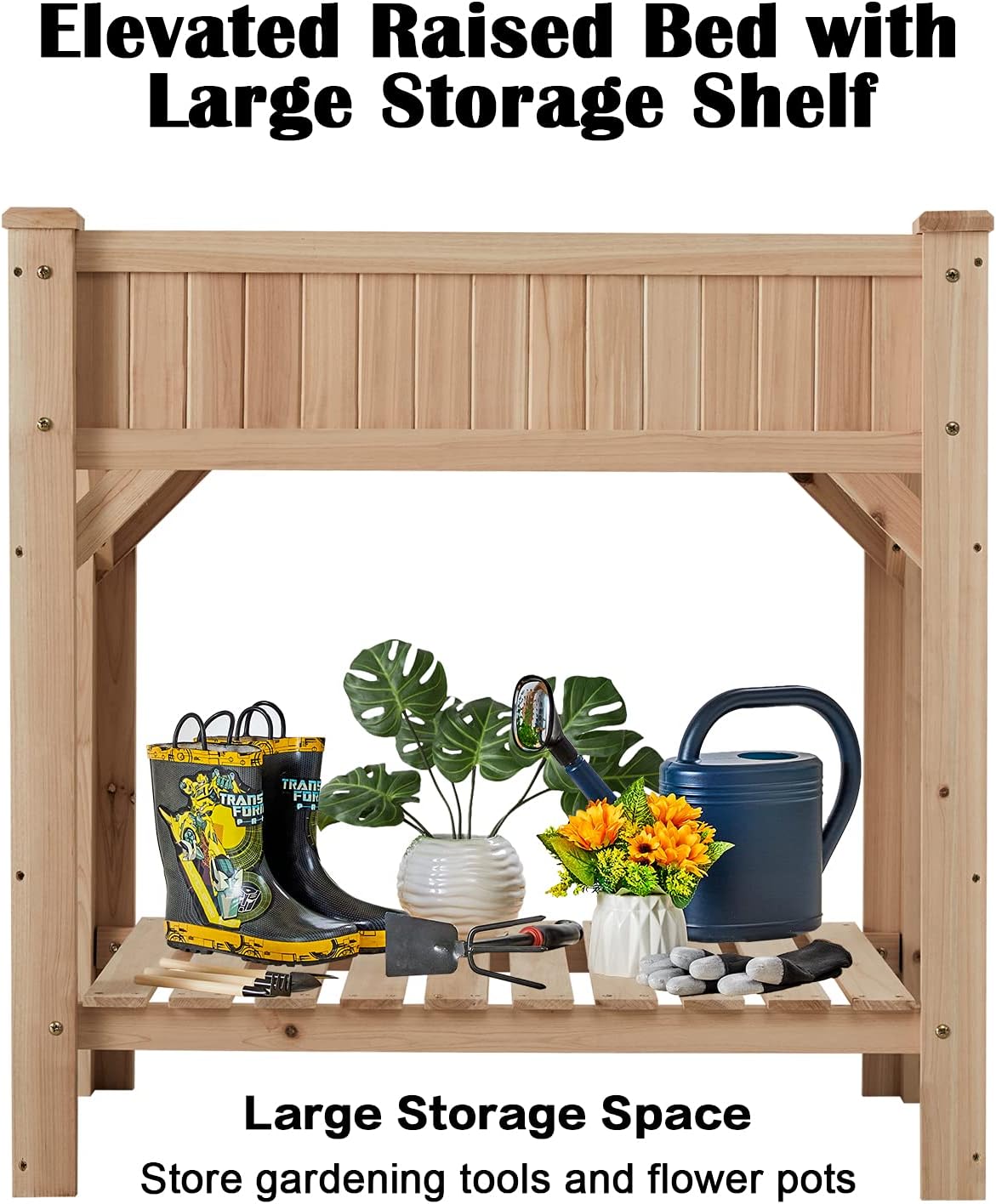 Raised Garden Bed with Legs 36.3X36.3X24 Inch -  Herb Planter with Divider Liner Flower Herb Wood Planter with Storage Shelves for Backyard Patio Extra Gloves 3 Tools 8 Grow Area 20 T-Tag