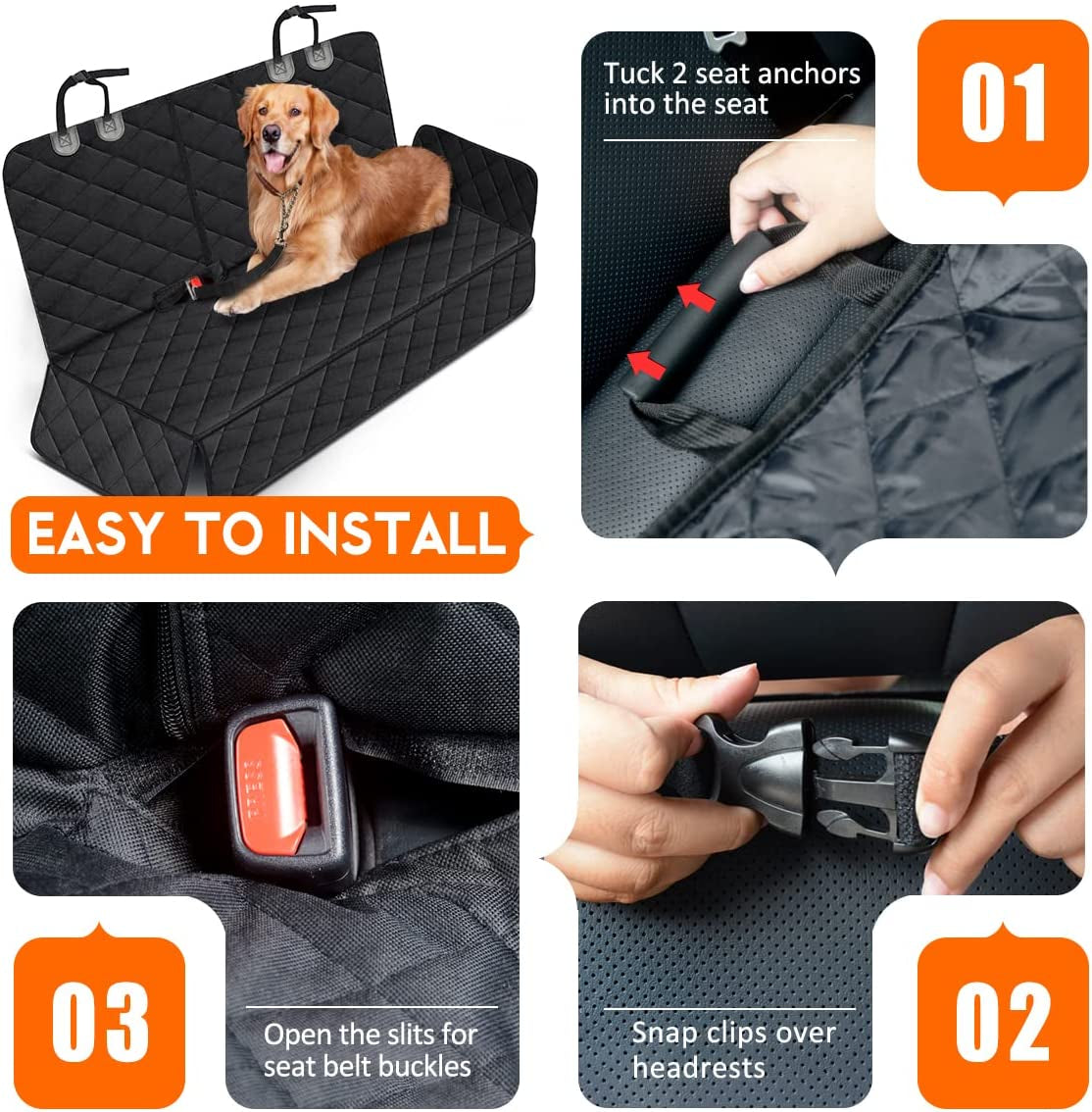 Dog Car Seat Cover - Waterproof and Durable Back Seat Protector for Pets, Compatible with Most Cars, SUVs, and Trucks (53” Width) - Black